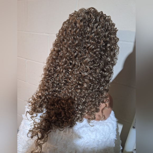 Curly Brown Human Hair Blend Lace Front Wig - Picture 7 of 8